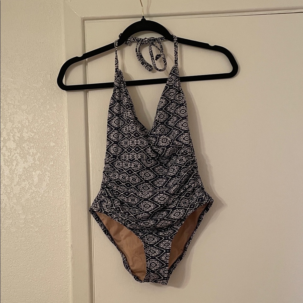 J. Crew Blue and White Patterned One Piece Wrap Swimsuit